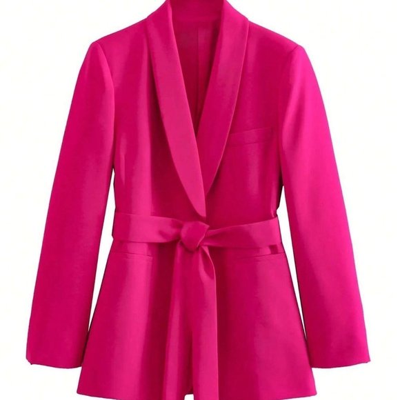 Pink Boho Womens Solid Belted Blazer - Picture 4 of 5